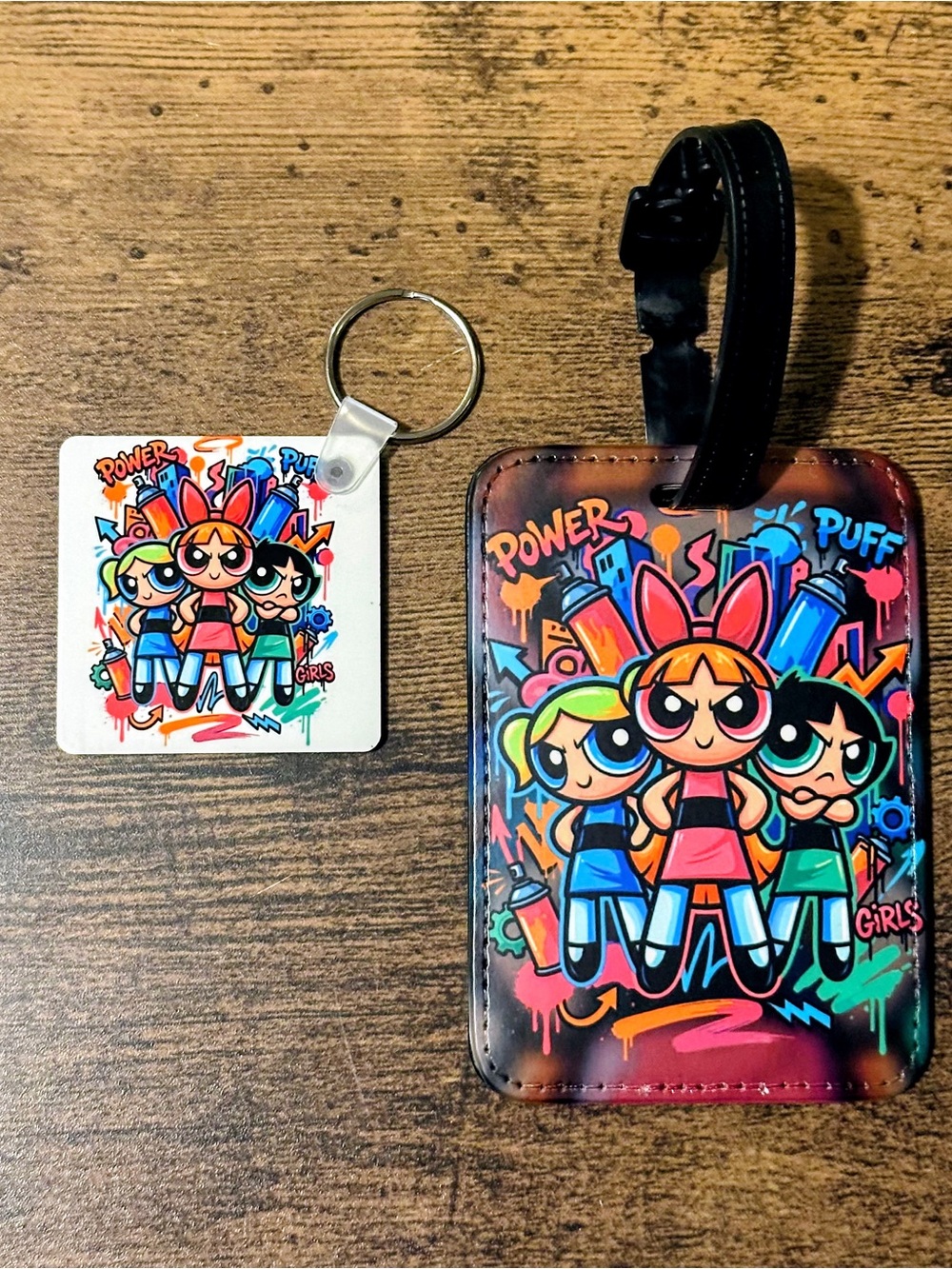 Powerpuff Girls Luggage Tag and Keychain Set - Colorful Graphic New W/O Tags